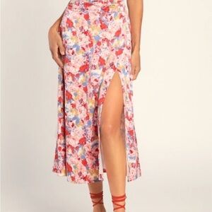 Lulus In Bloom Pink Multi floral print Midi Skirt with thigh high slit, XSmall